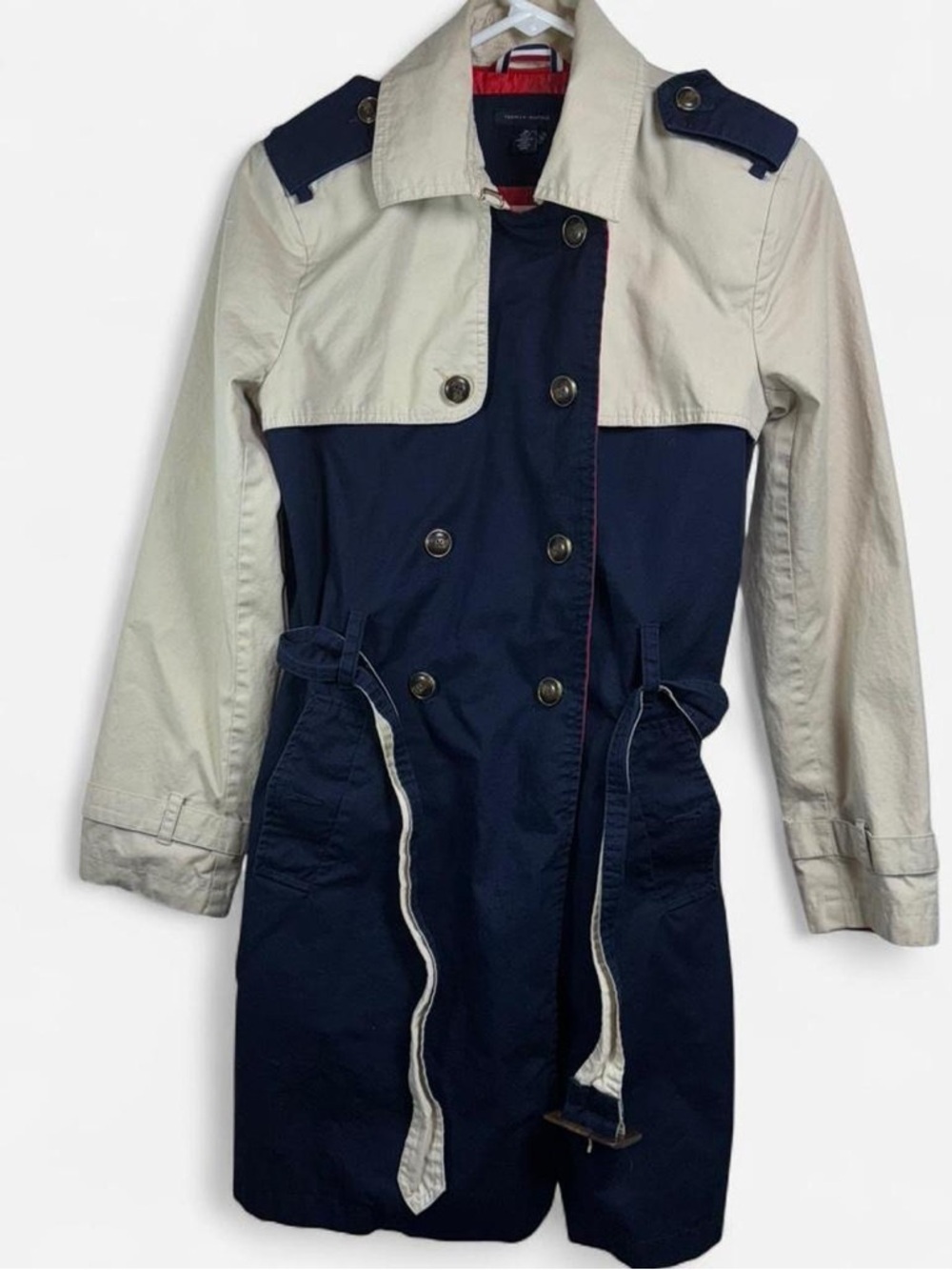 Tommy Hilfiger Colorblock Trench Coat Belted Navy Tan Classic Prep M